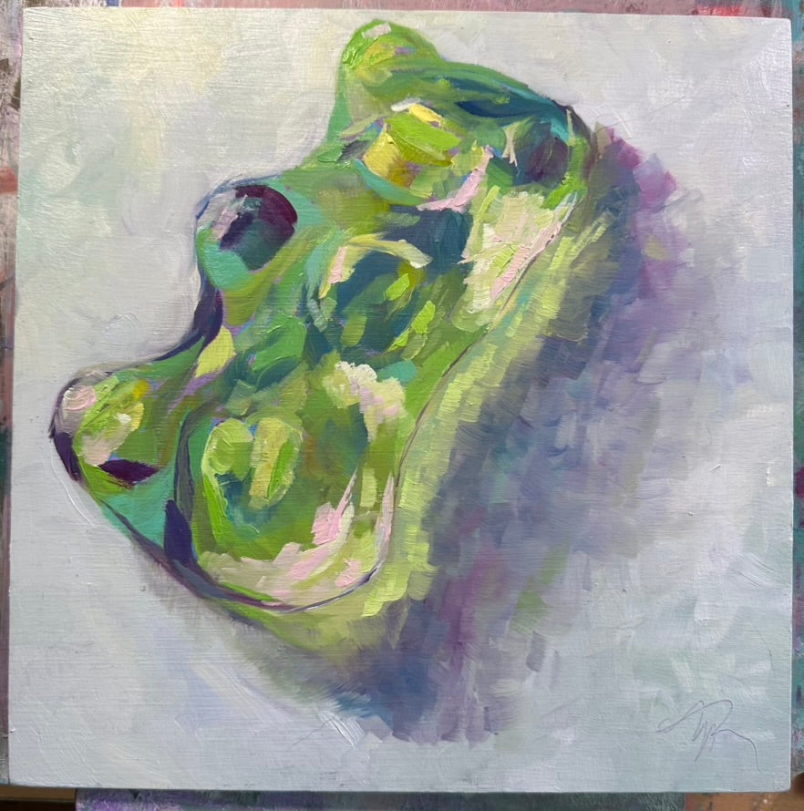 Colorful, up-close oil painting of a green, translucent gummy bear. Colors of pink, yellow, purple, and deep magenta accent the highlights and shadows making it appear to glow.