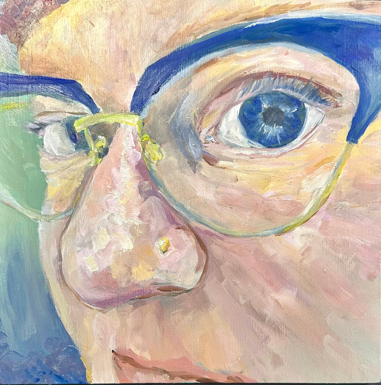 Close up oil painting of Natalie, focusing on her blue eyes that match her blue cat eye glasses
