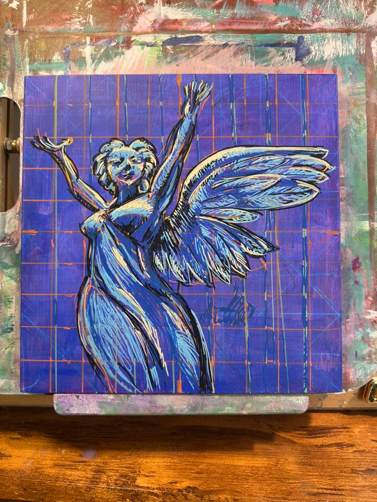 Sketch of a stone angel from Brooklyn's Green-Wood Cemetery posed with her arms open to the sky in exultation, on a purple mixed media background that has a grid-like pattern including blues, pinks, yellows, and oranges.