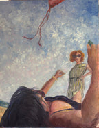 Impressionistic painting of a beach scene, angle viewed from laying flat on the sand with a friend who's flying a red kite that's mostly obscured. A figure in a striped bathing suit observes through large round sunglasses. The sky is vibrating and blue but cloudy.