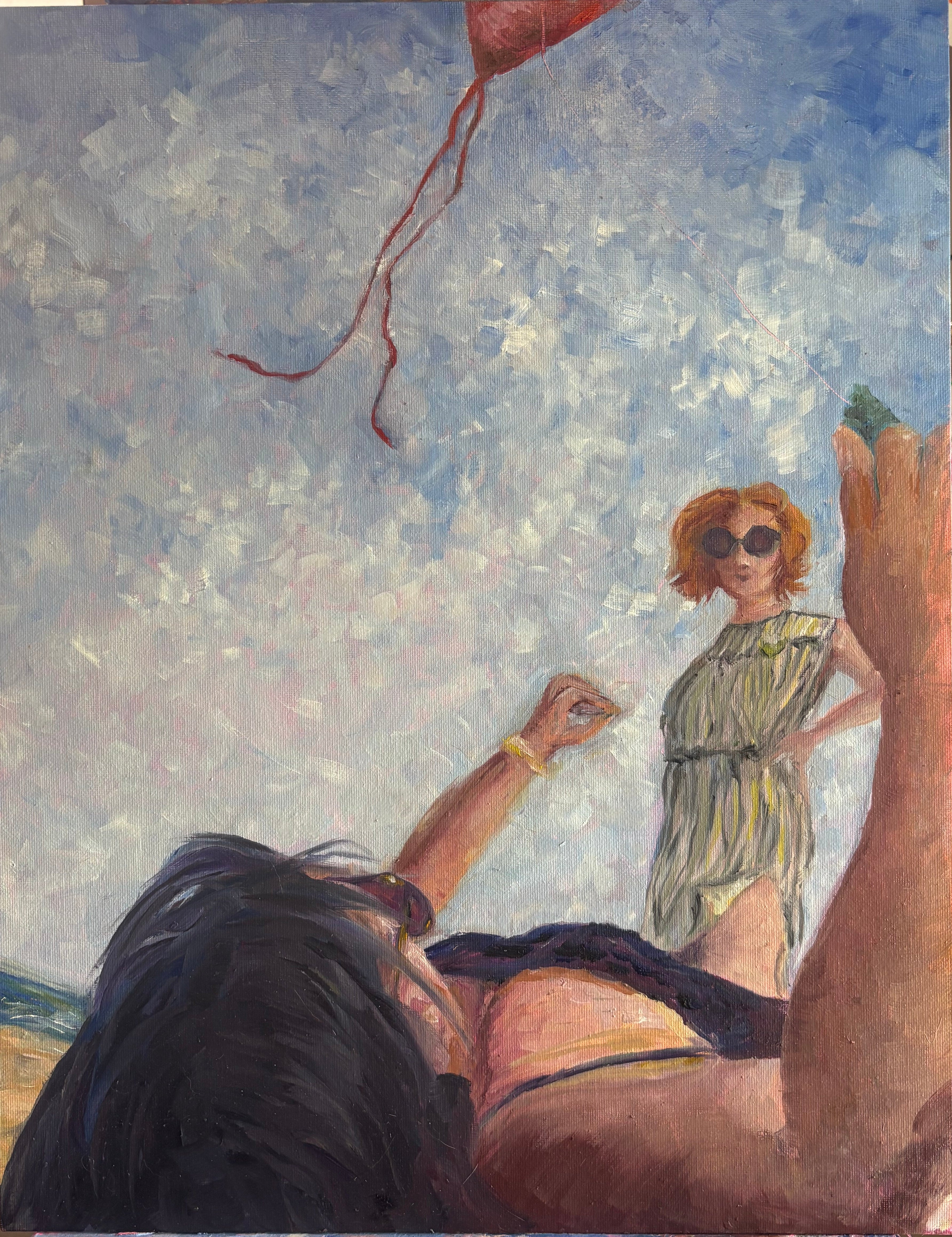 Impressionistic painting of a beach scene, angle viewed from laying flat on the sand with a friend who's flying a red kite that's mostly obscured. A figure in a striped bathing suit observes through large round sunglasses. The sky is vibrating and blue but cloudy.