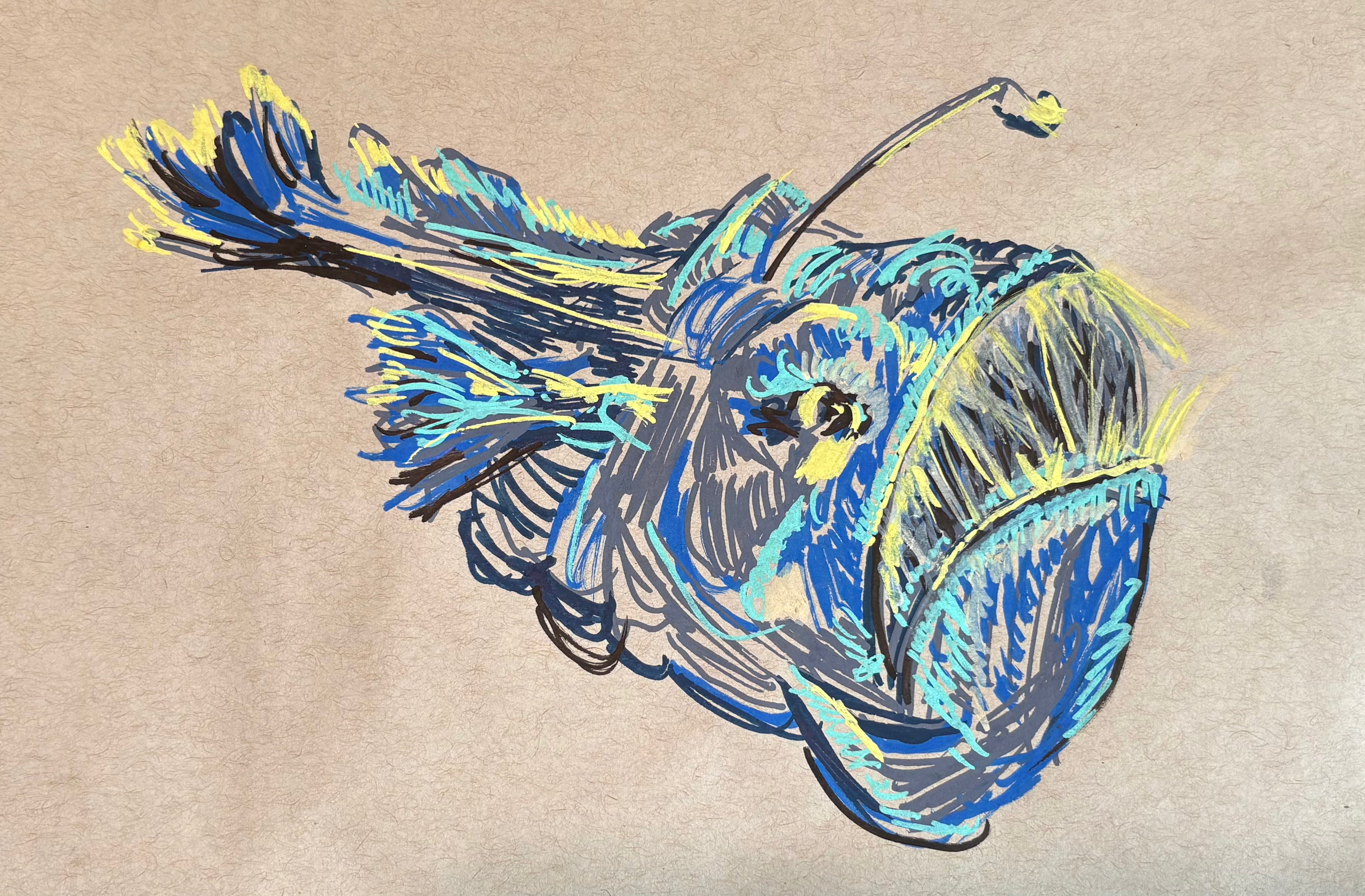 Angler fish sketch with colorful strokes of blues, greens, greys, and bright yellow accents, it's angular and pointy, including its little yellow lure tangling from its head and it's mouth of scary sharp teeth.