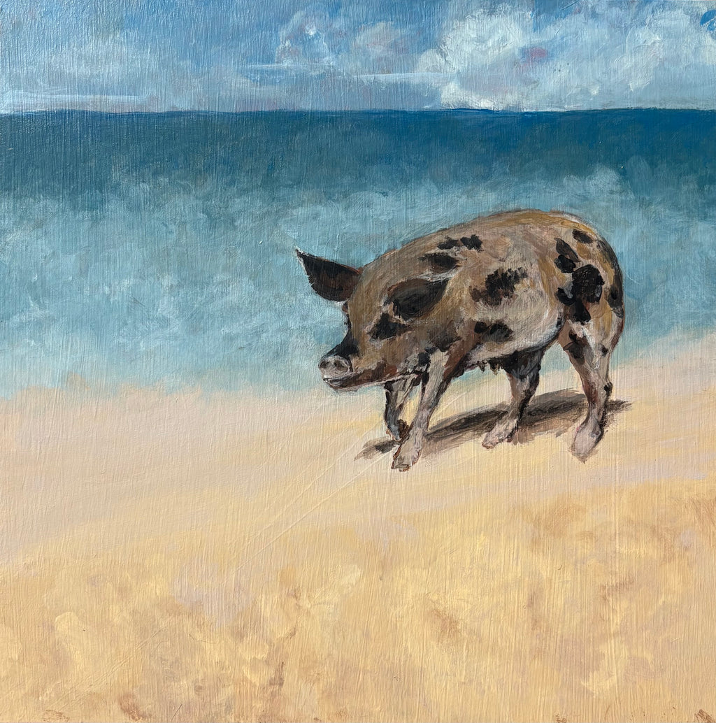 Oil painting of a heavy spotted pig on a beach
