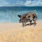 Oil painting of a heavy spotted pig on a beach