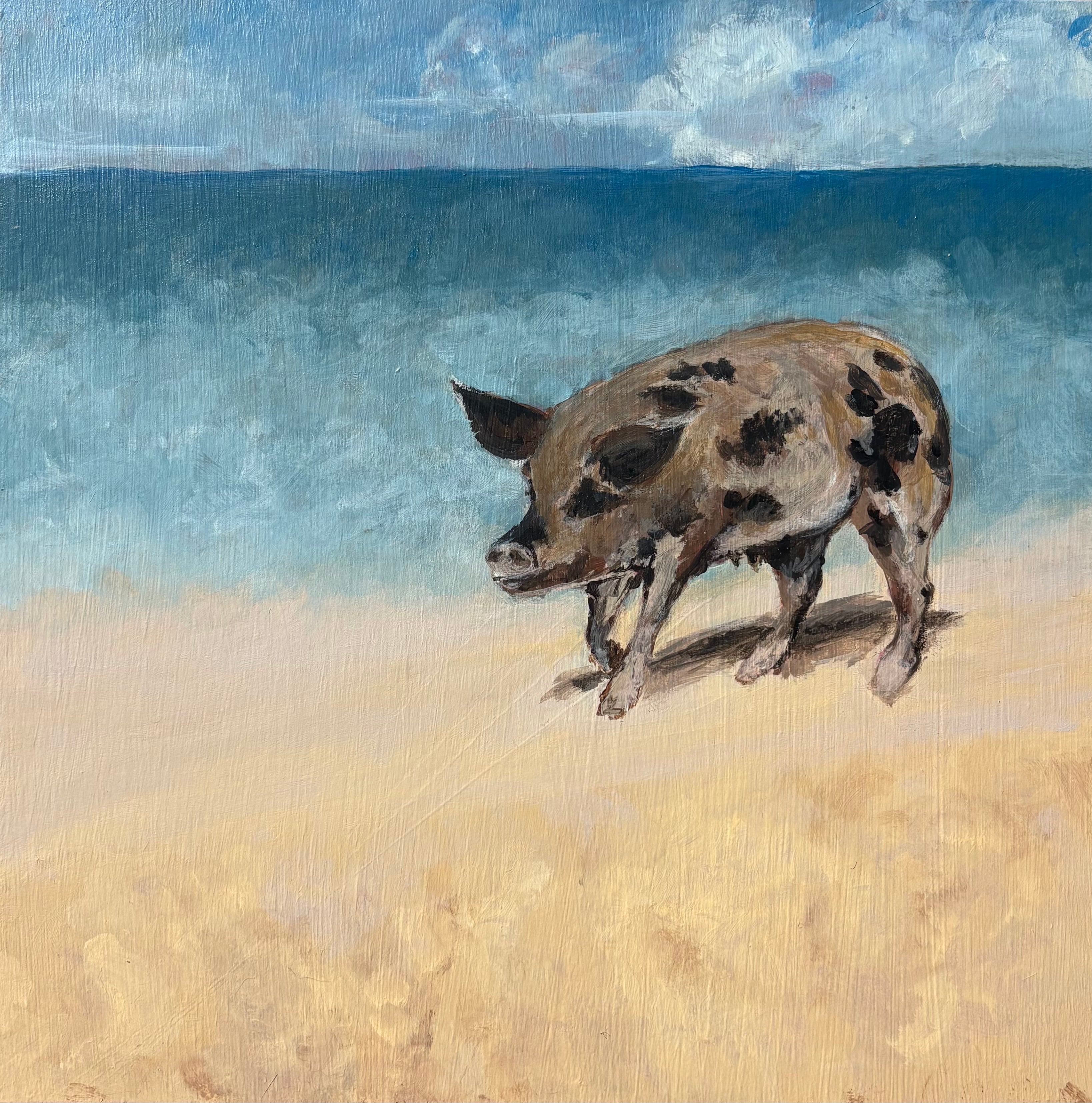Oil painting of a heavy spotted pig on a beach
