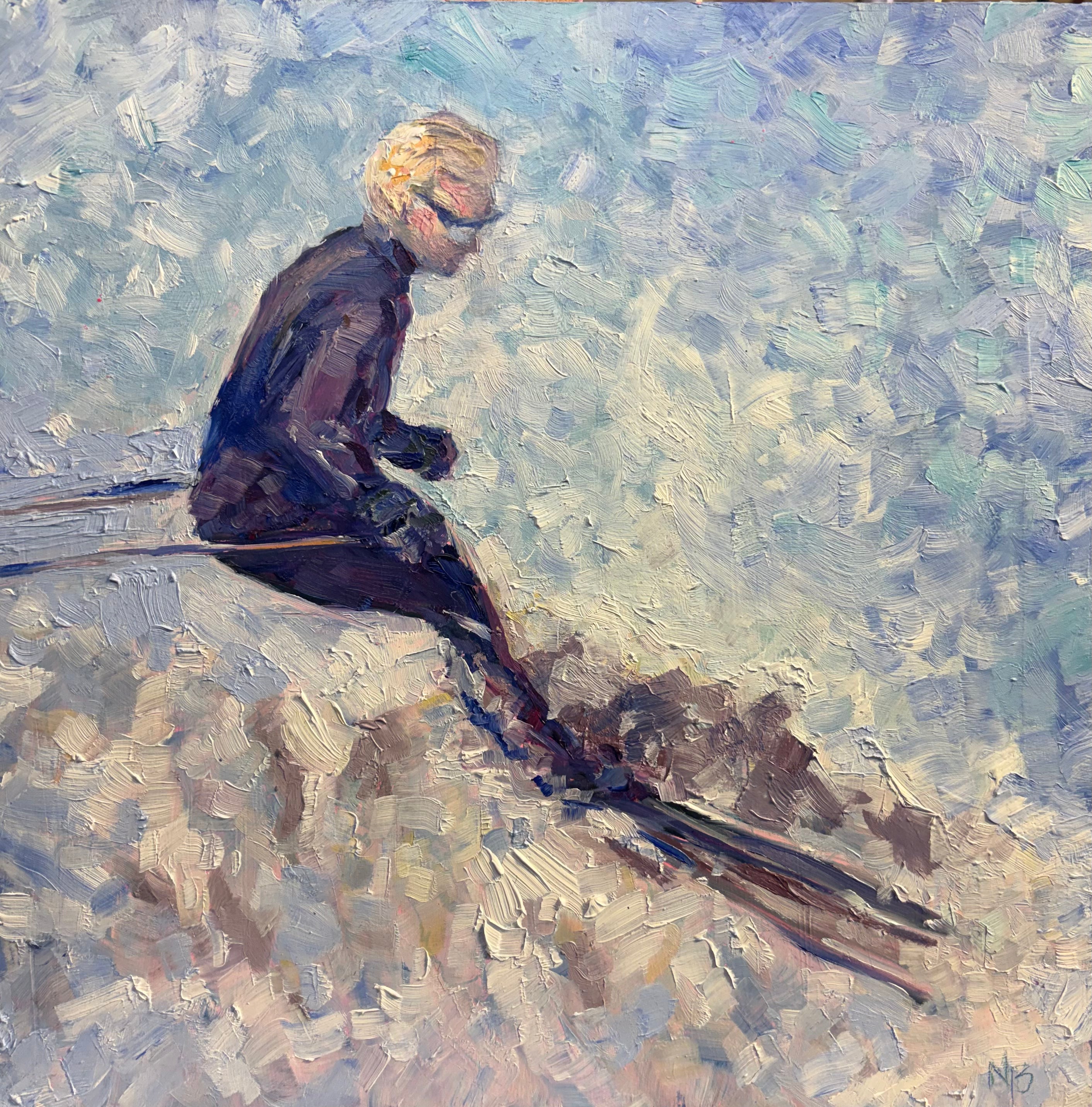 Impressionist oil painting of a lone skier in a dark suit mid-run on a snow-covered slope, painted in cool blues, whites, and lavenders with thick expressive brushwork, the snow and sky merging into a single luminous field of color.