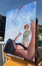 Side view of an Impressionistic painting of a beach scene, angle viewed from laying flat on the sand with a friend who's flying a red kite that's mostly obscured. A figure in a striped bathing suit observes through large round sunglasses. The sky is vibrating and blue but cloudy.