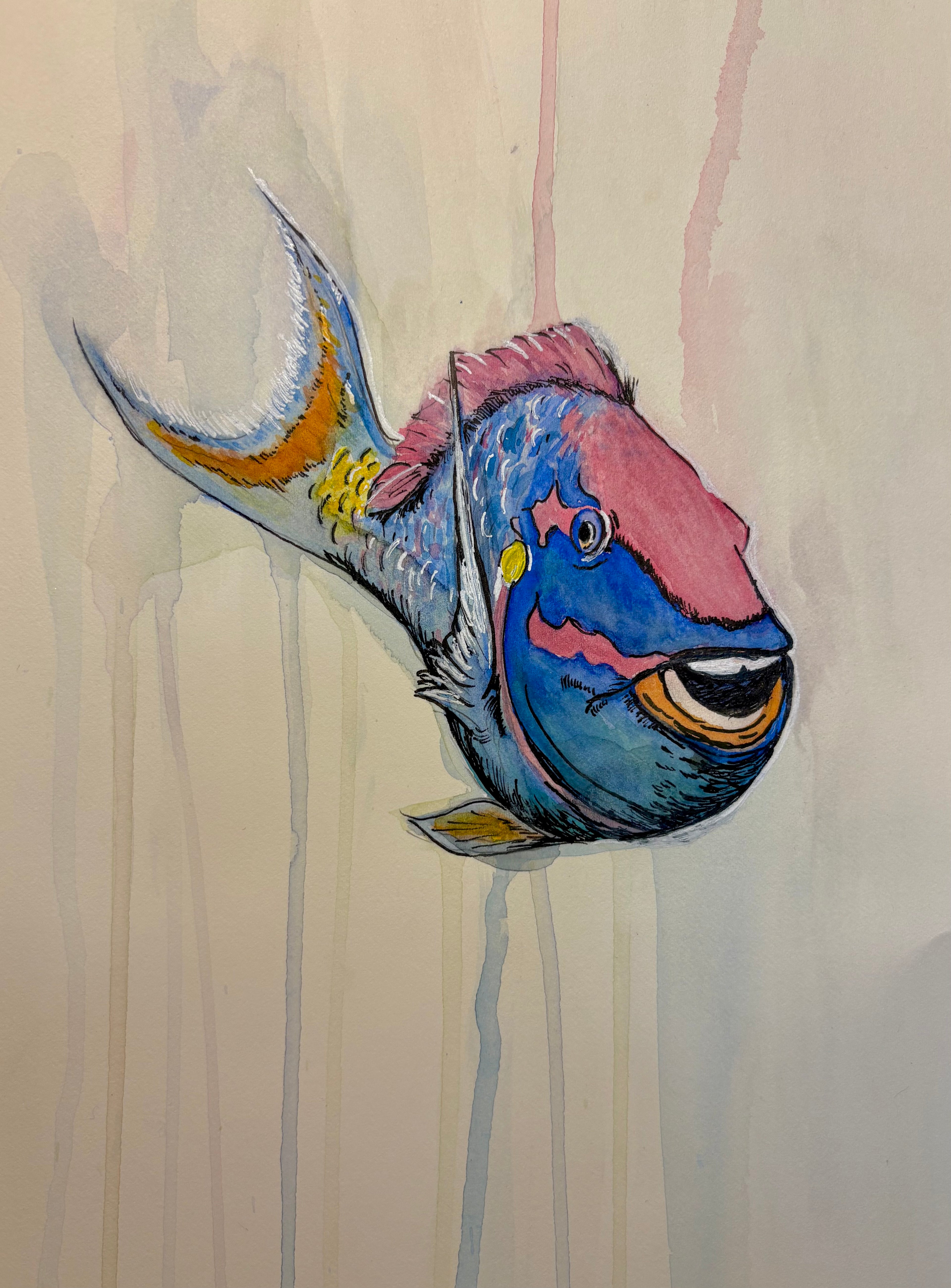 Colorful mixed media illustration of a parrotfish with watercolor drips artistically falling and rising from the fish, both up and down