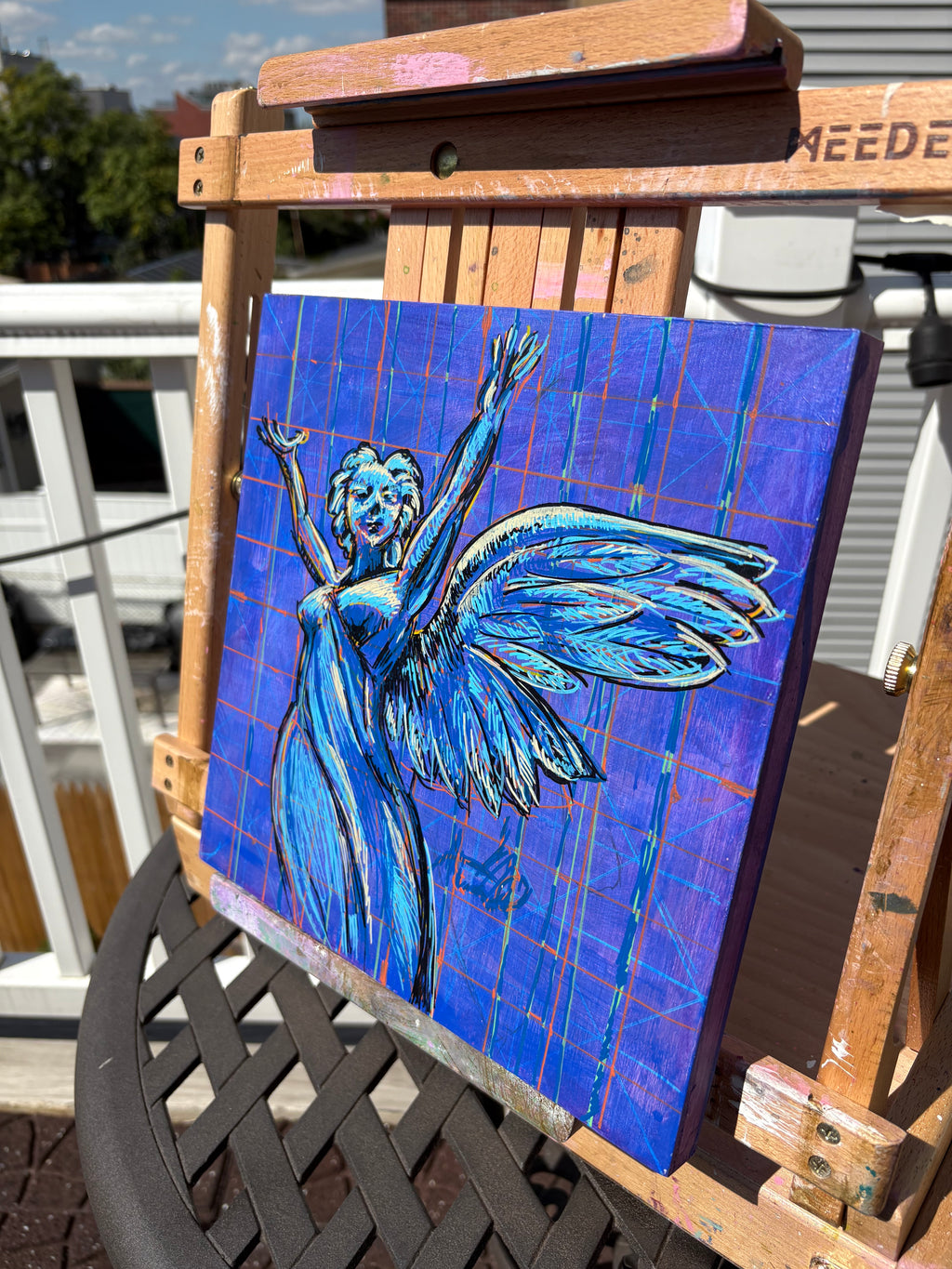 Sketch of a stone angel from Brooklyn's Green-Wood Cemetery posed with her arms open to the sky in exultation, on a purple mixed media background that has a grid-like pattern including blues, pinks, yellows, and oranges.