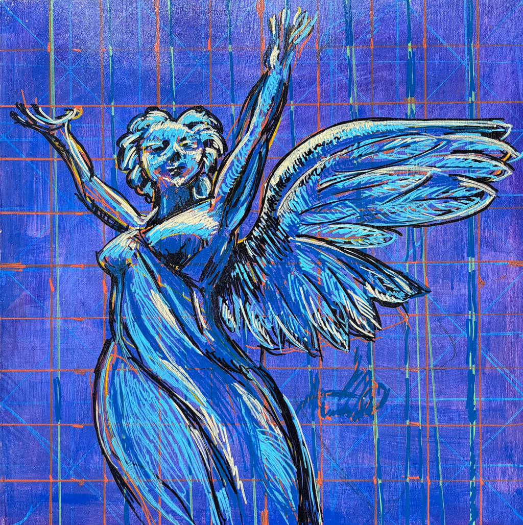 Sketch of a stone angel from Brooklyn's Green-Wood Cemetery posed with her arms open to the sky in exultation, on a purple mixed media background that has a grid-like pattern including blues, pinks, yellows, and oranges.
