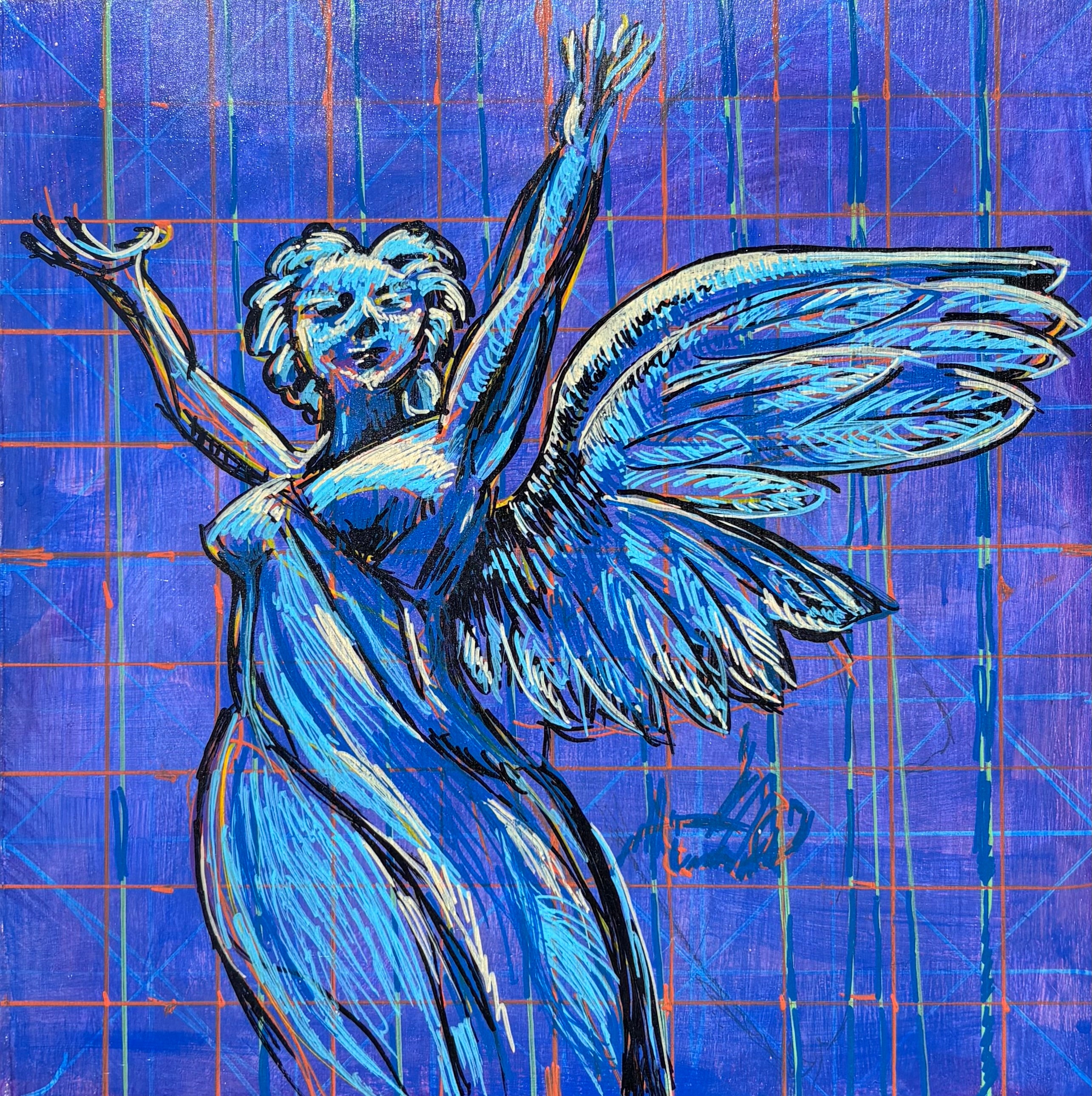 Sketch of a stone angel from Brooklyn's Green-Wood Cemetery posed with her arms open to the sky in exultation, on a purple mixed media background that has a grid-like pattern including blues, pinks, yellows, and oranges.
