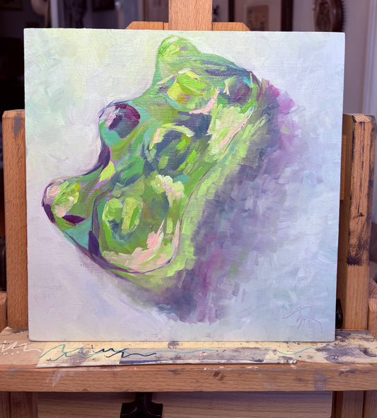 Colorful, up-close oil painting of a green, translucent gummy bear. Colors of pink, yellow, purple, and deep magenta accent the highlights and shadows making it appear to glow.