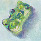 Colorful, up-close oil painting of a green, translucent gummy bear. Colors of pink, yellow, purple, and deep magenta accent the highlights and shadows making it appear to glow.