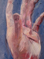 Close-up detail of an oil painting showing a hand with fingers splayed, painted in warm flesh tones with pink and red shadows against a muted blue-grey background, canvas texture visible throughout.