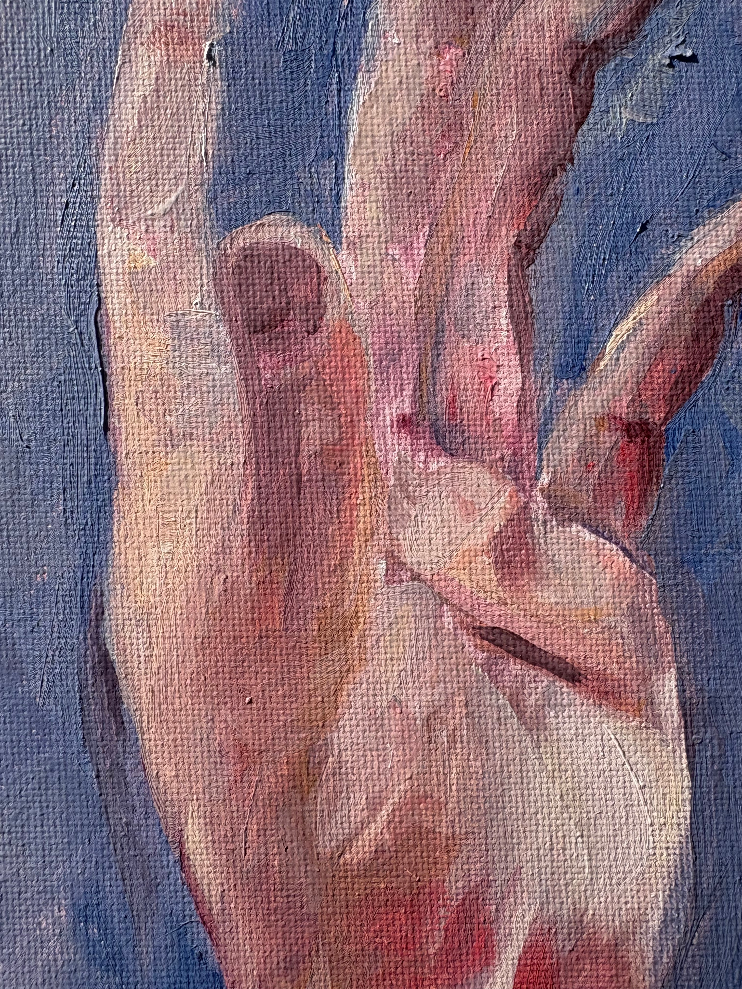Close-up detail of an oil painting showing a hand with fingers splayed, painted in warm flesh tones with pink and red shadows against a muted blue-grey background, canvas texture visible throughout.