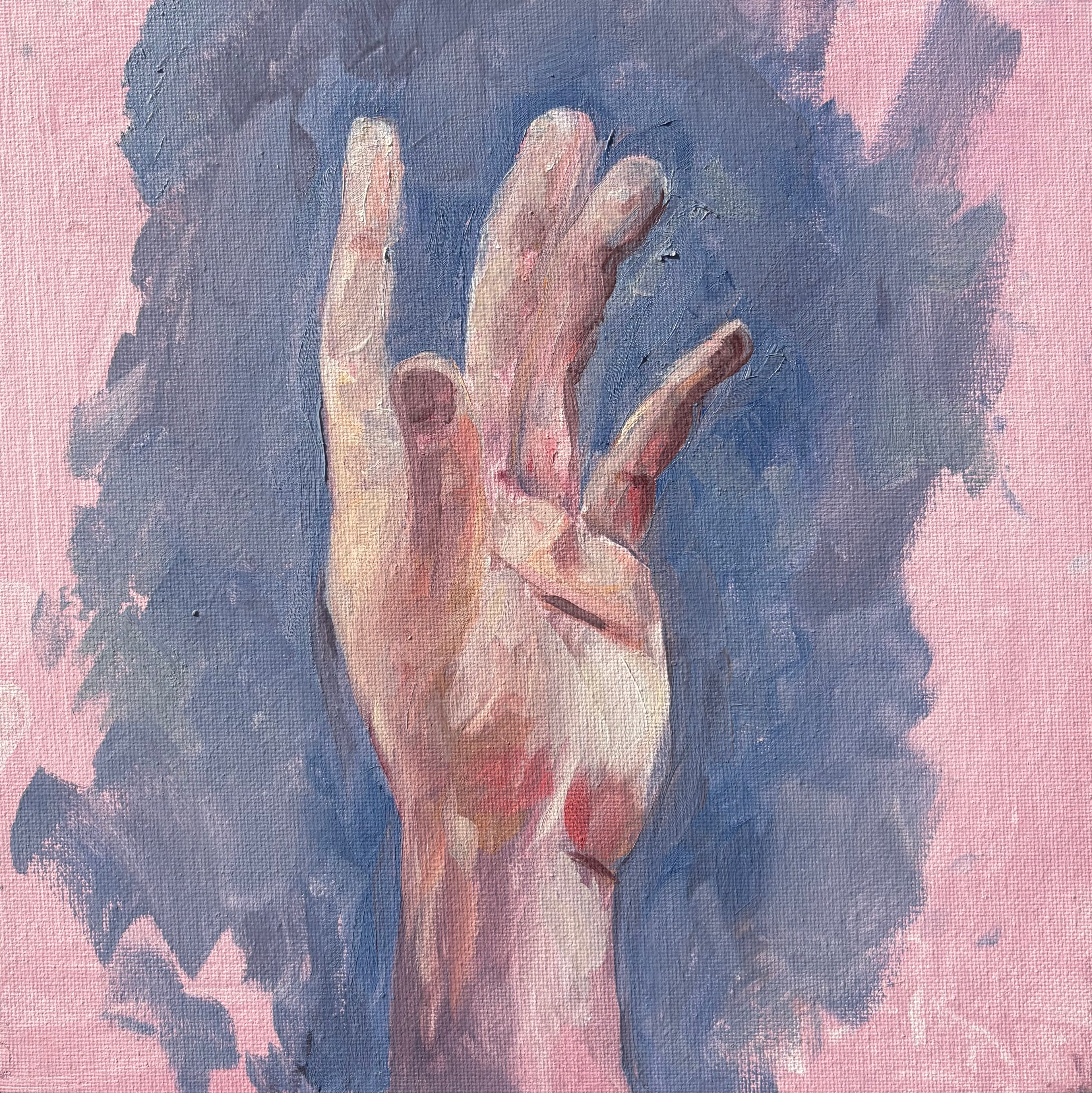 Close-up impressionist oil painting of a hand reaching upward, fingers splayed, against a soft pink and blue brushed background, painted from below looking up.