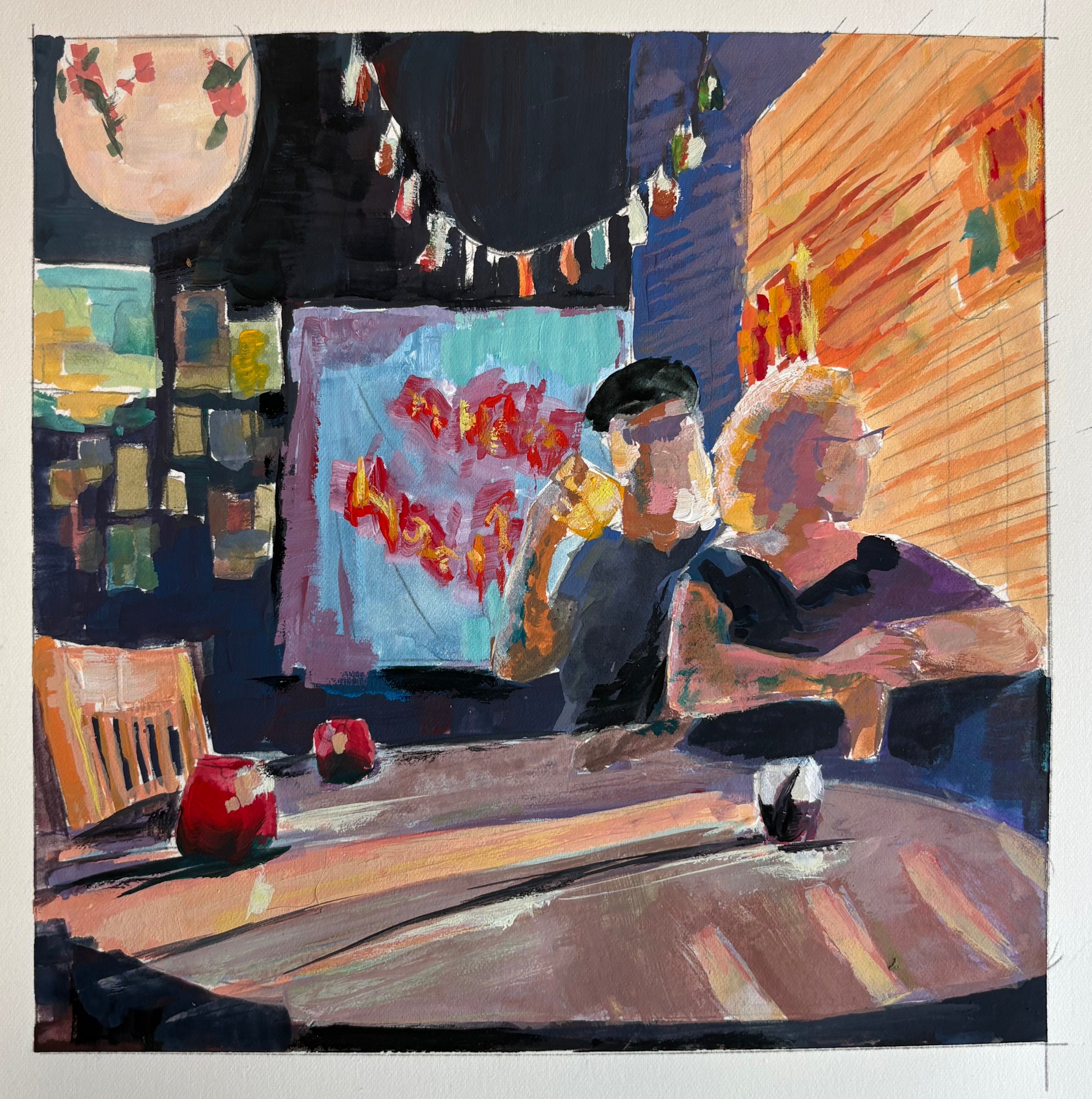 Impressionist gouache color study of two figures at a bar table at Mama Tried in Brooklyn, warm afternoon light casting heavy shadows across the table, with paper lanterns, bunting, and a painting visible on the wall behind them.