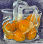 A small, bright painting of a clear plastic bag full of oranges on a purple background