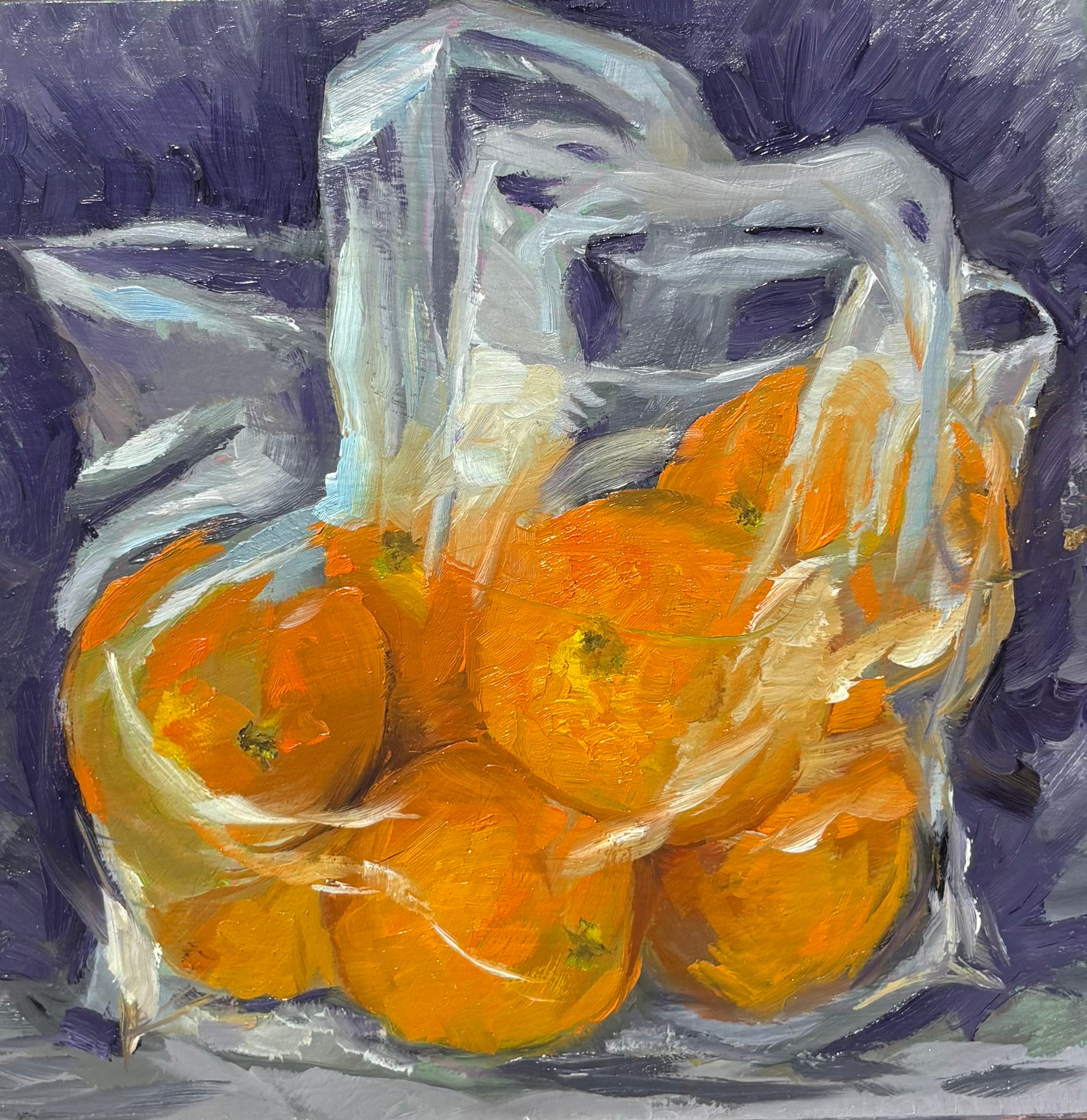 A small, bright painting of a clear plastic bag full of oranges on a purple background