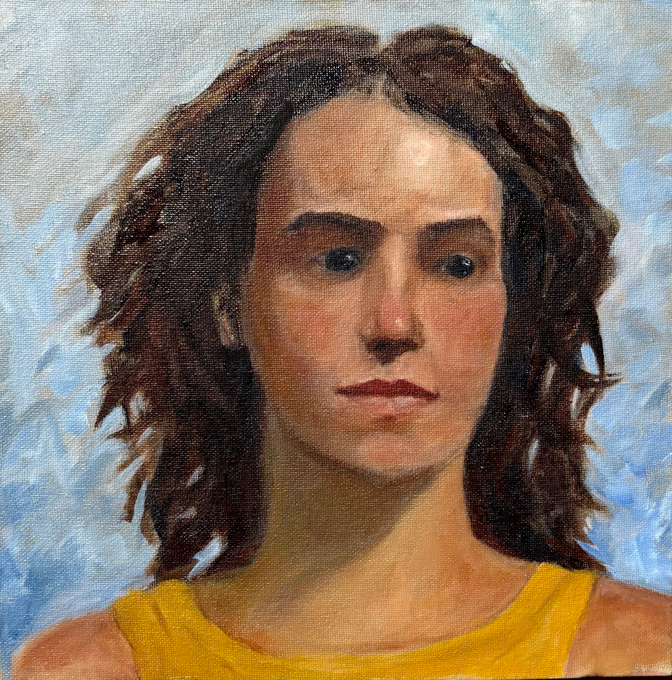 Oil portrait of a woman in a yellow tank top, her hair is wild but her gaze is soft and a bit worrisome