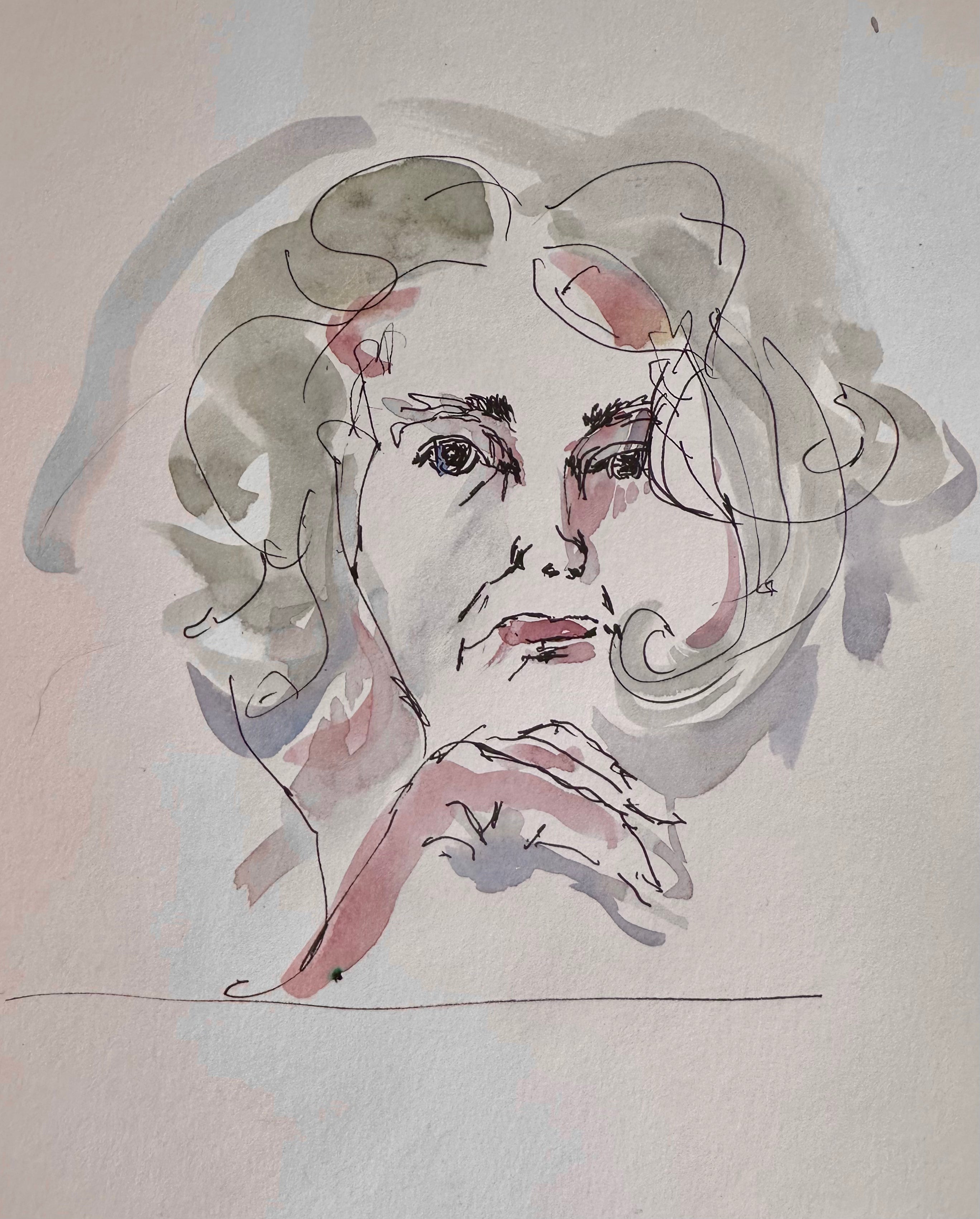 Ink and Wash sketch of a woman resting her head on her hand