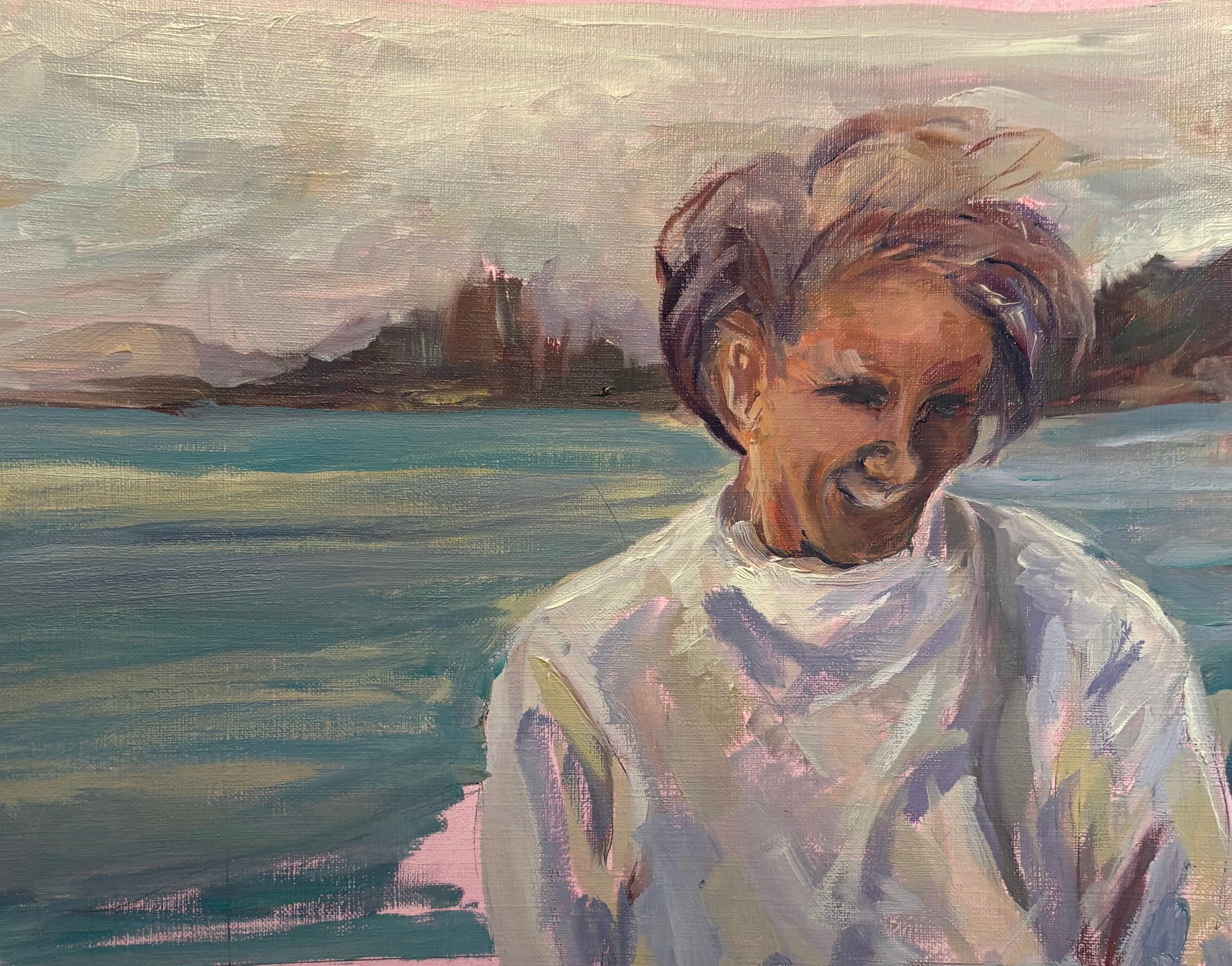 An oil painting of a woman on the water, her hair blowing in the wind, and a distant skyline in the back. She wears a grey sweatshirt and a casual warm smile.