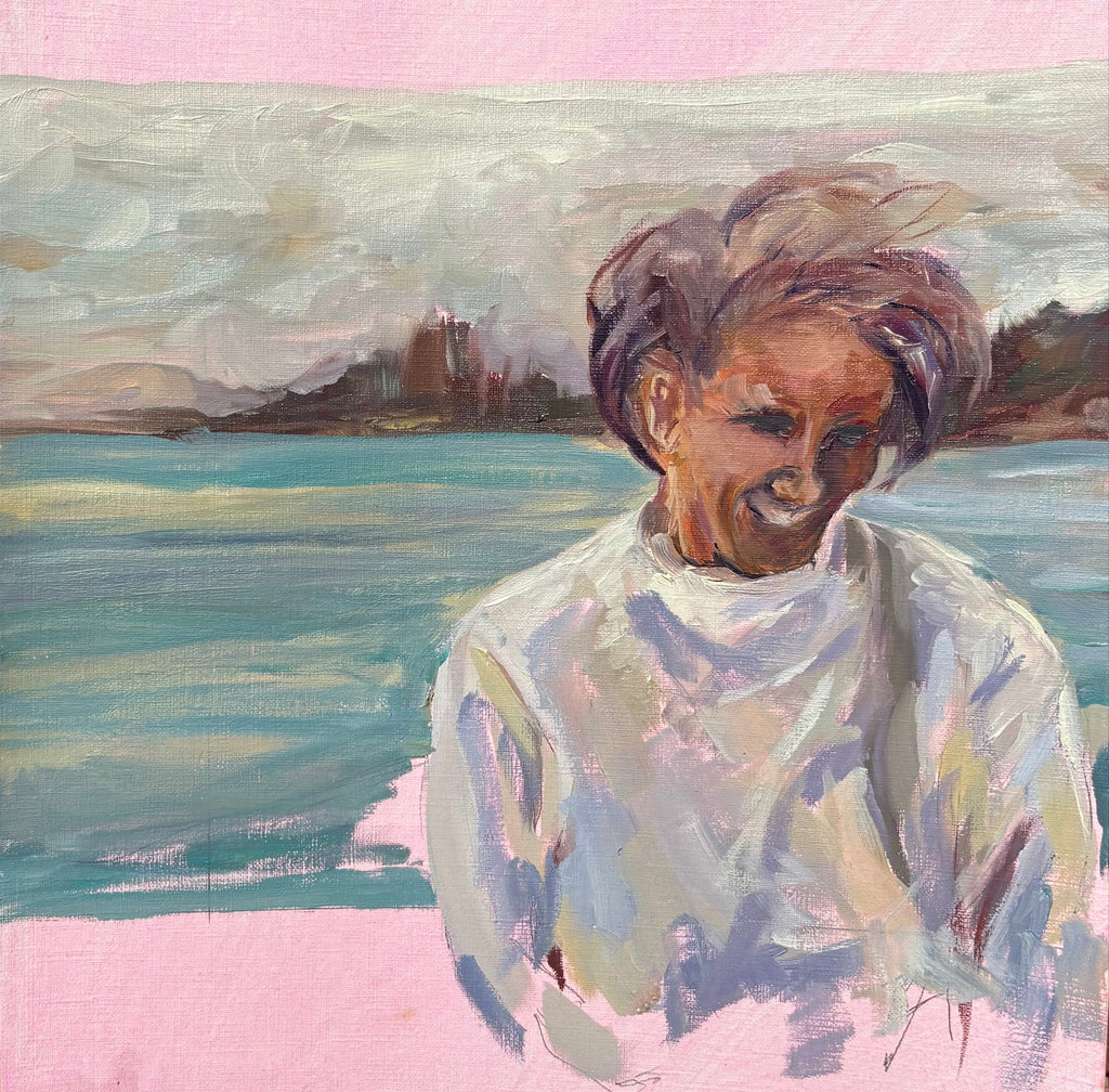 Zoomed out detail of an oil painting of a woman on the water, her hair blowing in the wind, and a distant skyline in the back. She wears a grey sweatshirt and a casual warm smile.