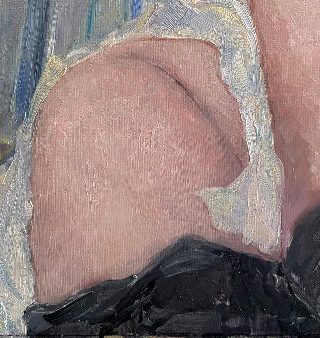 close up detail of knees and the white blanket - the paint is thick showing deep, expressive brushmarks