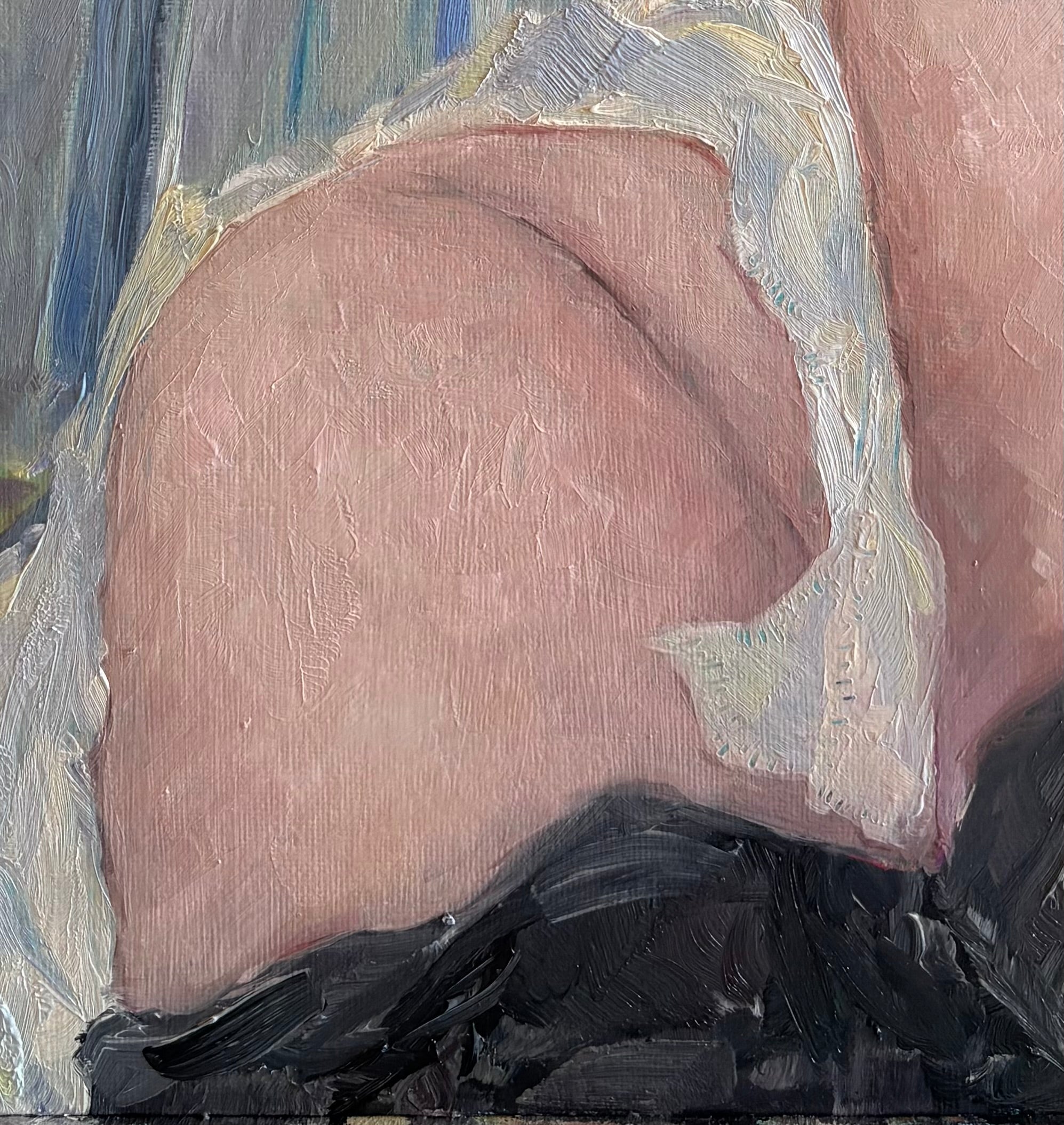 close up detail of knees and the white blanket - the paint is thick showing deep, expressive brushmarks