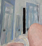 Impressionist painting from the view of the artist in bed, looking at the door that's open a crack, knowing they have to swing their legs out and get on with their day but they can't bring themselves to actually do it. The painting is heavy on the cool colors even though the blanket, walls, ceiling, and doors are all white. 