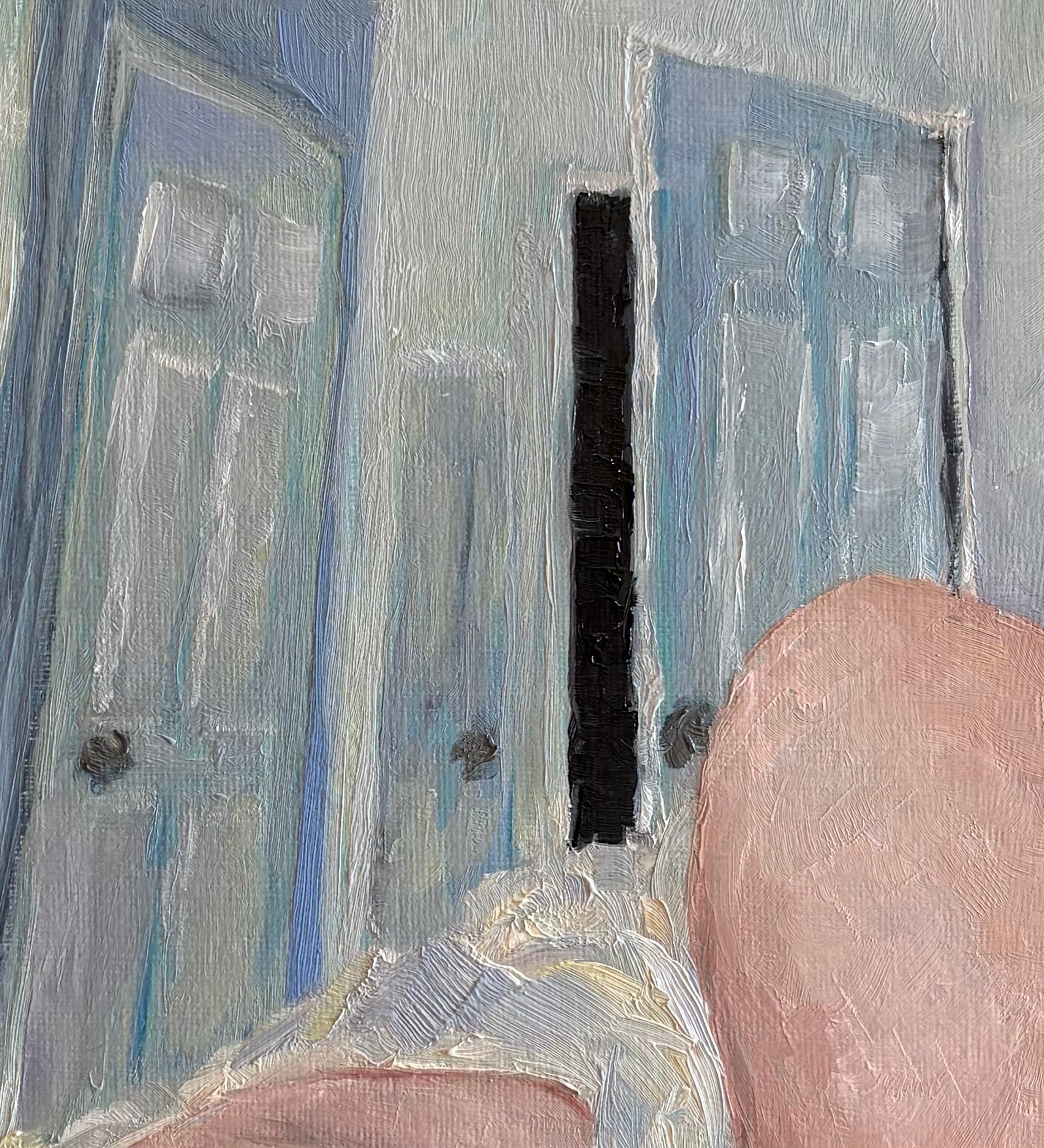 Impressionist painting from the view of the artist in bed, looking at the door that's open a crack, knowing they have to swing their legs out and get on with their day but they can't bring themselves to actually do it. The painting is heavy on the cool colors even though the blanket, walls, ceiling, and doors are all white. 
