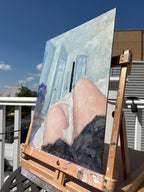 Angled view of the painting with the door looming beyond - the paint is thick showing deep, expressive brushmarks
