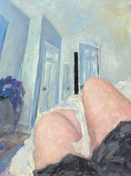 Impressionist painting from the view of the artist in bed, looking at the door that's open a crack, knowing they have to swing their legs out and get on with their day but they can't bring themselves to actually do it. The painting is heavy on the cool colors even though the blanket, walls, ceiling, and doors are all white. 