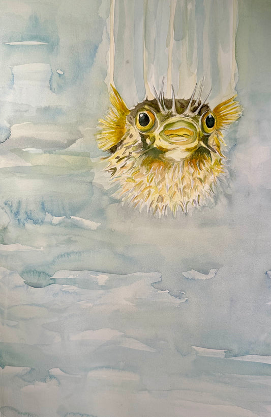 Hand-painted illustration of a puffed porcupine fish hovering on a large bluish green watery, drippy background