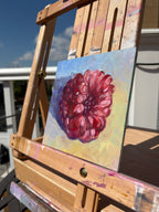 Colorful close-up study of a single raspberry, with dramatic lighting and brightly tweaked hues - 6x6in oil painting on canvas panel - detail, angled photo 