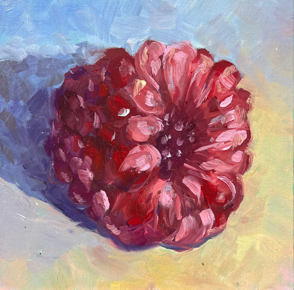 Colorful close-up study of a single raspberry, with dramatic lighting and brightly tweaked hues - 6x6in oil painting on canvas panel