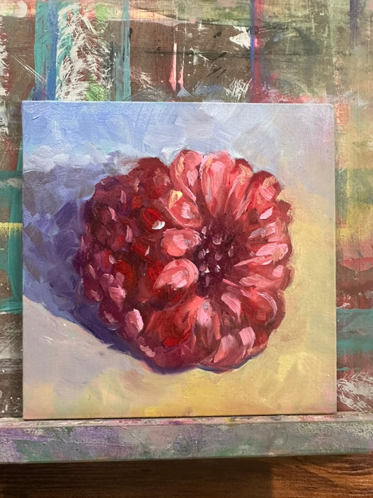 Colorful close-up study of a single raspberry, with dramatic lighting and brightly tweaked hues - 6x6in oil painting on canvas panel