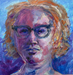 Impressionist self-portrait oil painting of a woman with curly amber hair and dark cat-eye glasses, painted in cool purples, blues, and warm golds against a violet background with expressive loose brushwork.