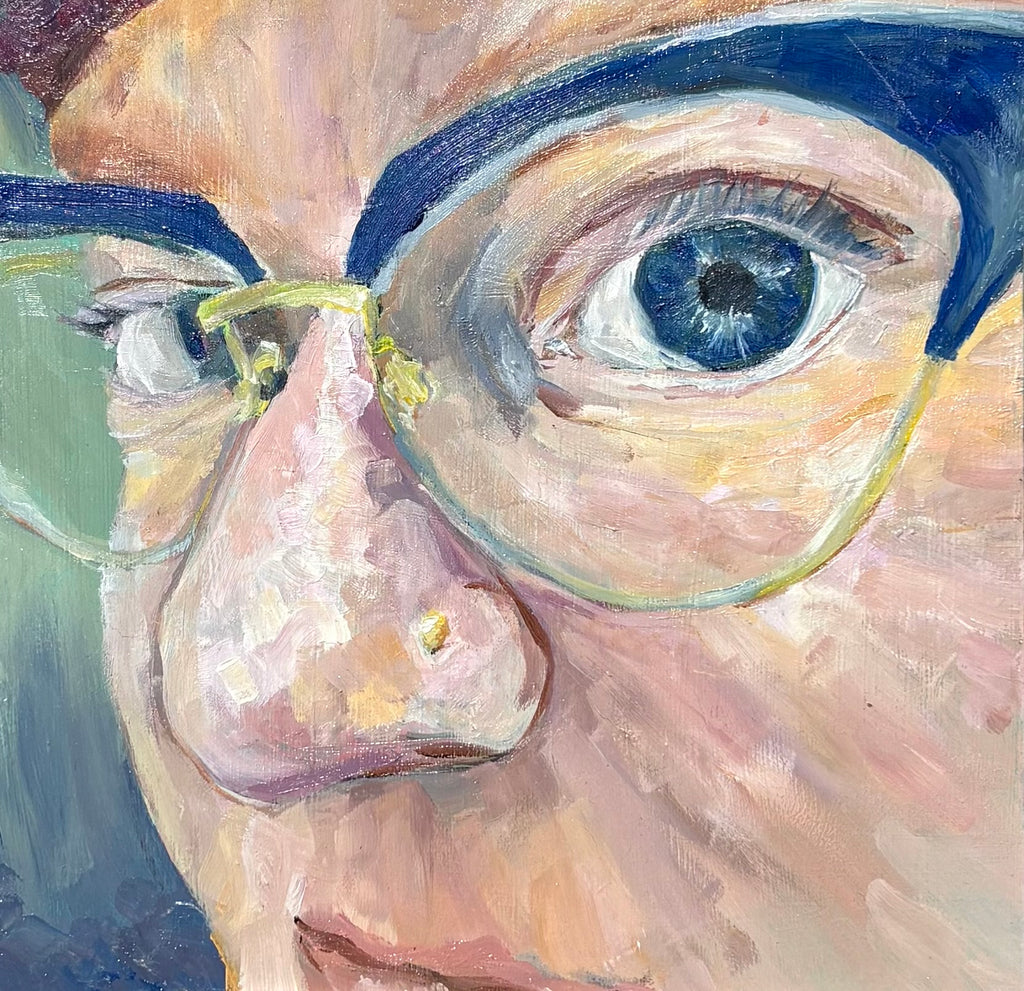 Bright impressionist style super close up portrait of the artist's eyes and nose, wearing bright blue cateye glasses that match her blue eyes