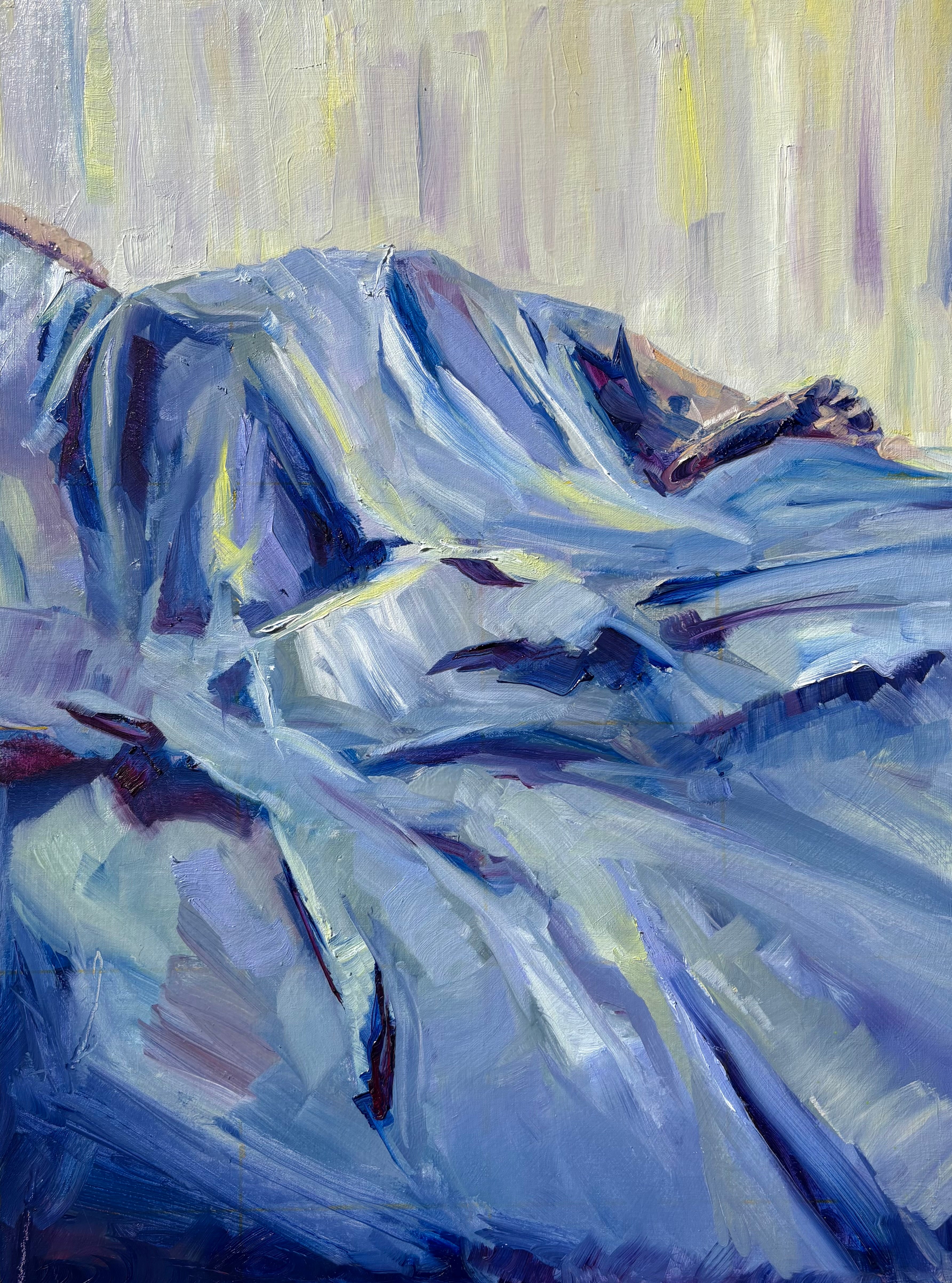 An impressionist oil painting of a figure sleeping in a bed on a hot summer night, rolled away toward the edge, bedclothes twisted and bunched, one foot escaping from under the sheets into the cool air.