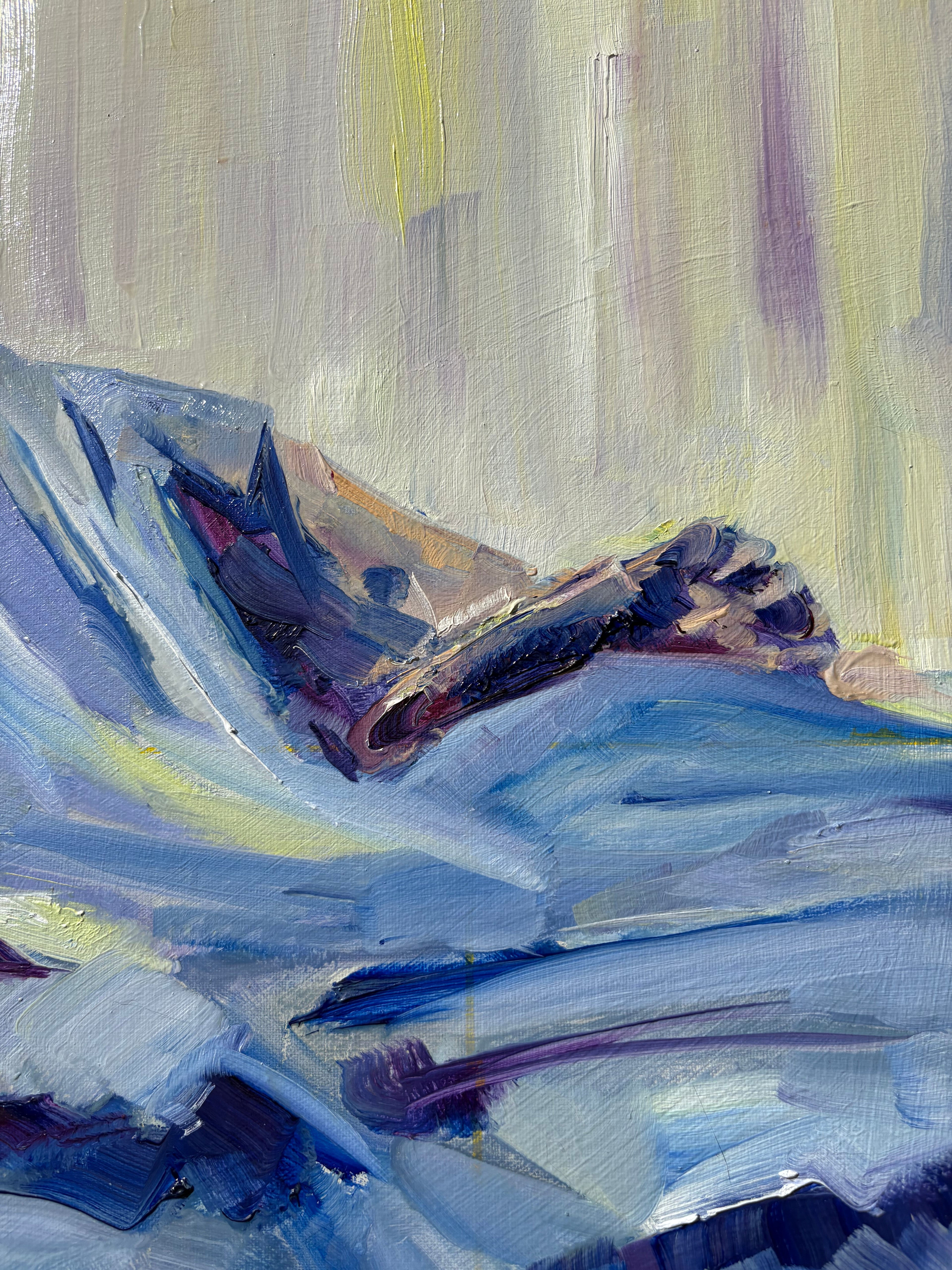 Foot detail of larger painting - impressionist oil painting of a figure sleeping in a bed on a hot summer night, rolled away toward the edge, bedclothes twisted and bunched, one foot escaping from under the sheets into the cool air.