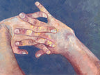 Close-up impressionist oil painting of two hands in proximity, fingers almost interlaced, painted in warm flesh tones with yellow highlights against a muted blue-grey background, the gesture ambiguous between reaching and pulling away.