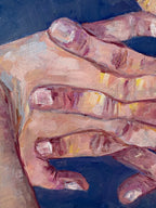 Detail of fingernails and nuckles in a Close-up impressionist oil painting of two hands in proximity, fingers almost interlaced, painted in warm flesh tones with yellow highlights against a muted blue-grey background, the gesture ambiguous between reaching and pulling away.