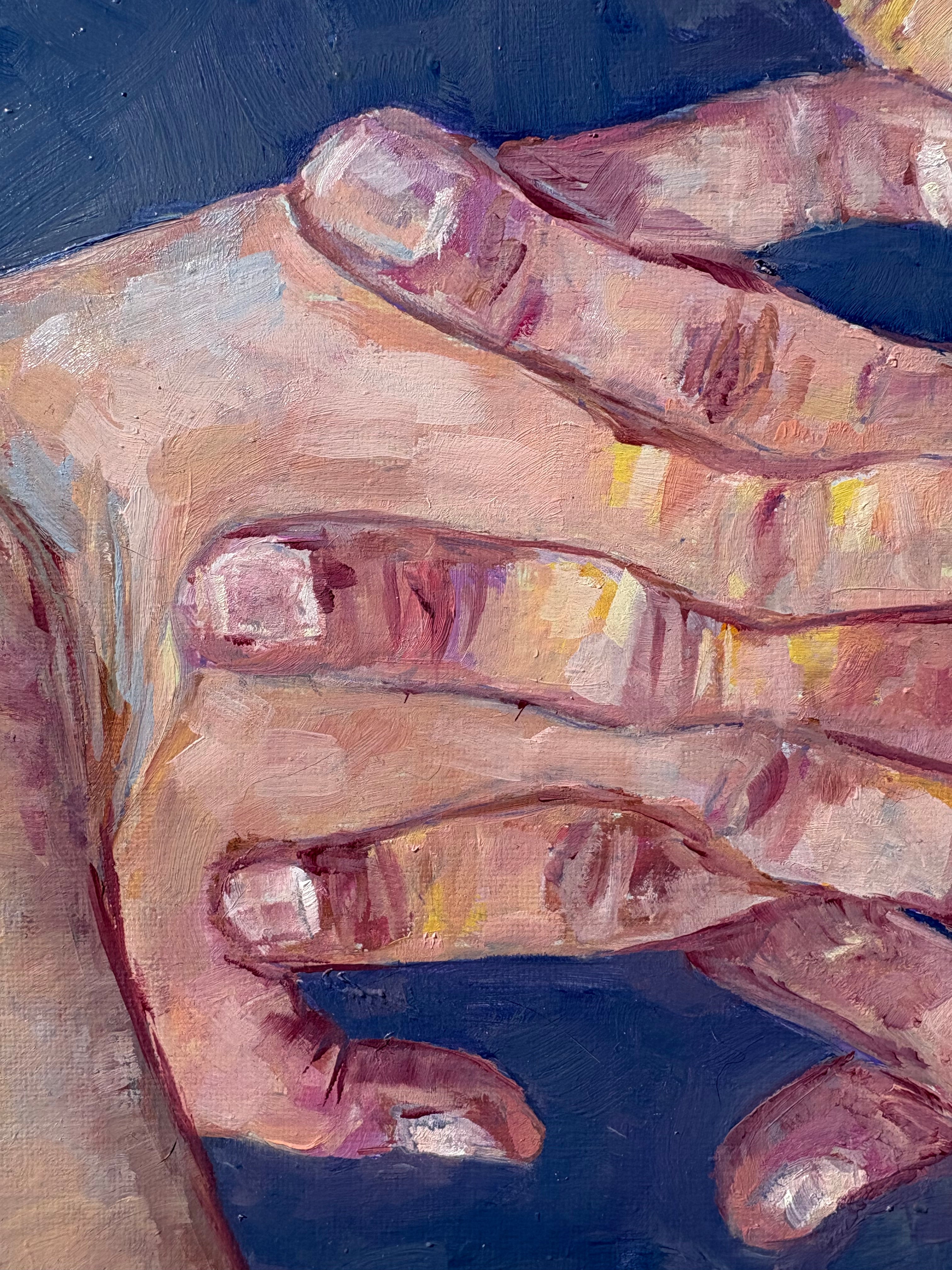 Detail of fingernails and nuckles in a Close-up impressionist oil painting of two hands in proximity, fingers almost interlaced, painted in warm flesh tones with yellow highlights against a muted blue-grey background, the gesture ambiguous between reaching and pulling away.