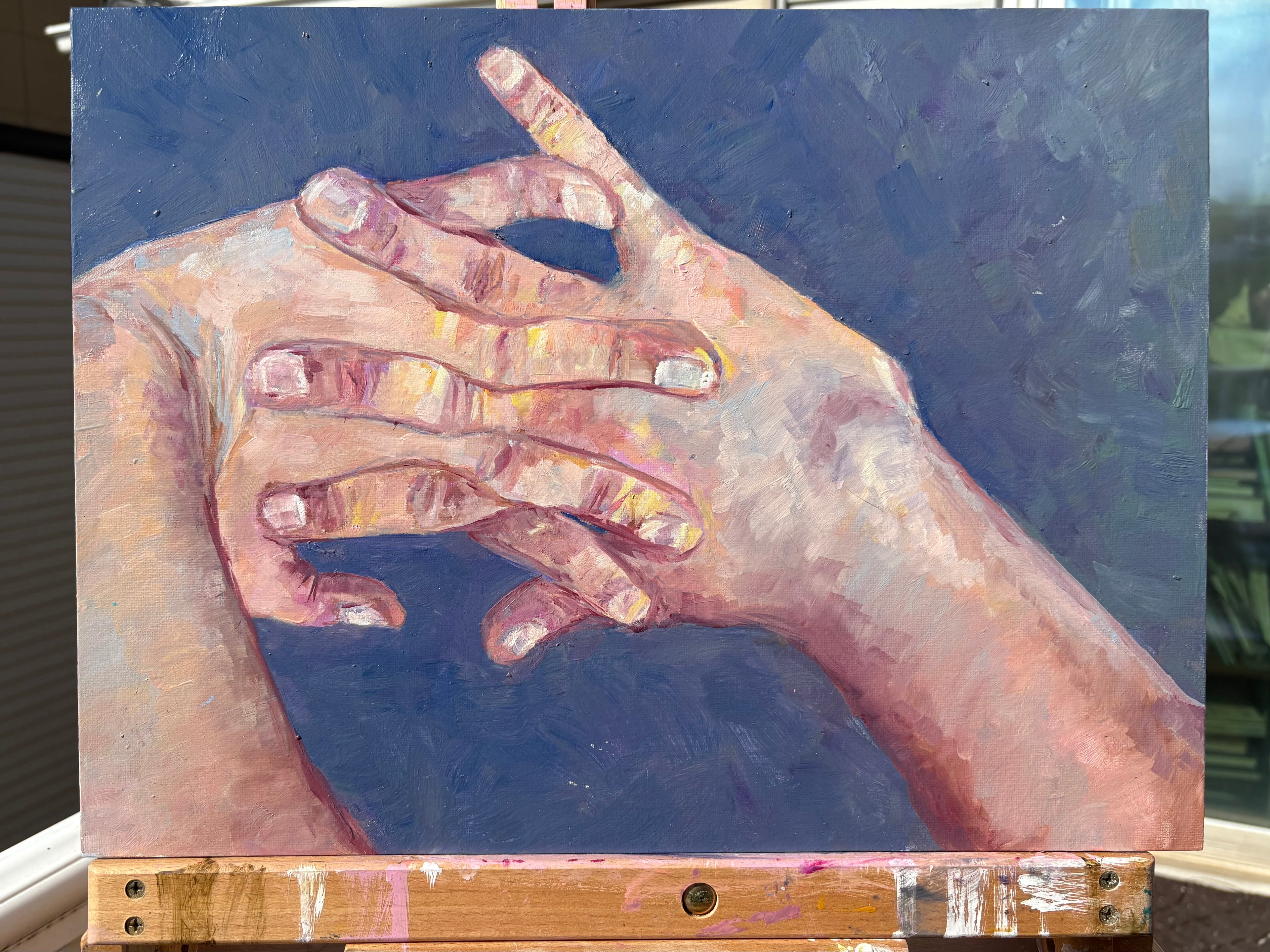 Close-up impressionist oil painting of two hands in proximity, fingers almost interlaced, painted in warm flesh tones with yellow highlights against a muted blue-grey background, the gesture ambiguous between reaching and pulling away.